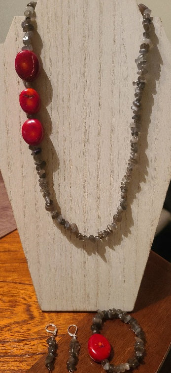 Moonstone Necklace with Side Coral Focal Beads with Matching Bracelet and Earrings