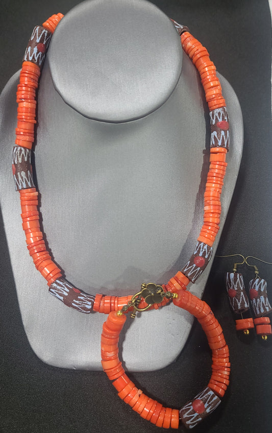 Orange Coral Bead Necklace and Matching Bracelet with Accent Beads