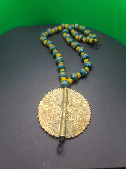 “Her Strength” Krobo Beaded Necklace with Brass Pendant