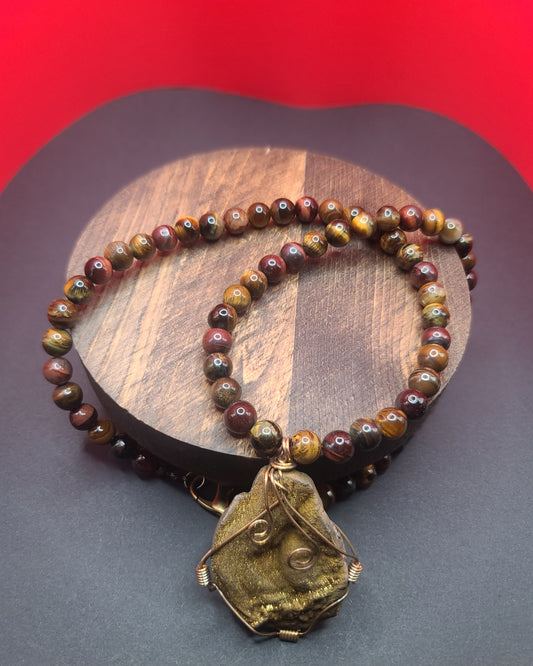 Unisex Tiger Eye Necklace with Wire-Wrapped Pyrite Pendant