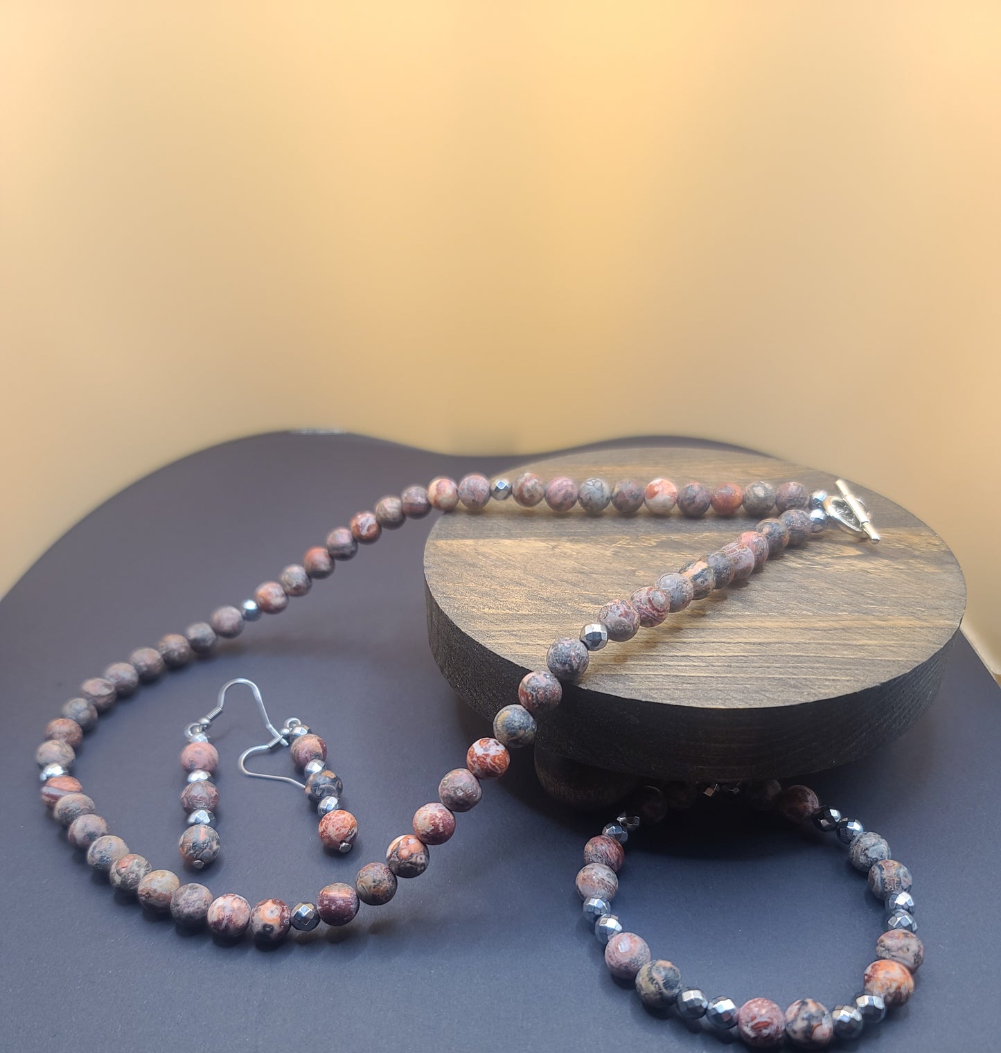 Jasper Beaded Necklace with Matching Earrings and Stretch Bracelet