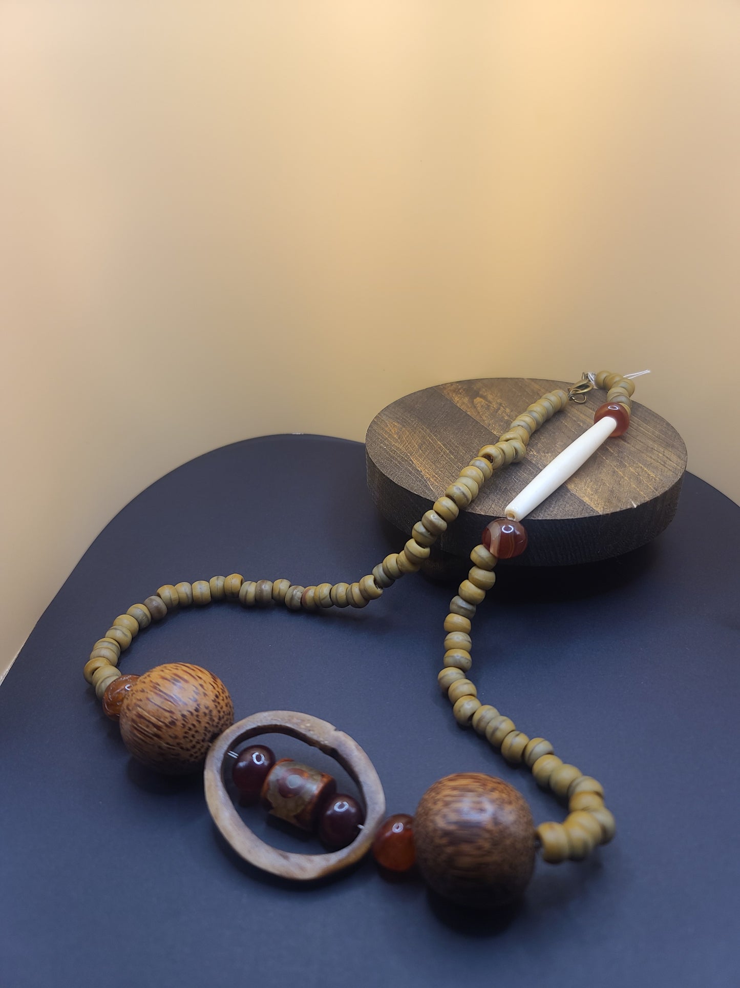 Horn and Mala Beaded Necklace with Agate Accents and Matching Earrings
