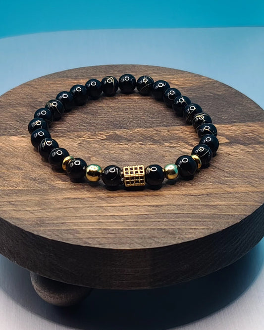 Black with Gold Beaded Stretch Bracelet