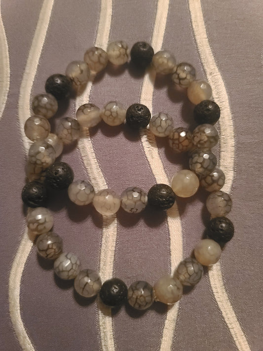 Dragon Vein Agate and Lava Stone Beaded Stretch Bracelet