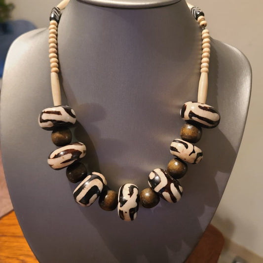 African Necklace with Batik Bone and Wood Beads