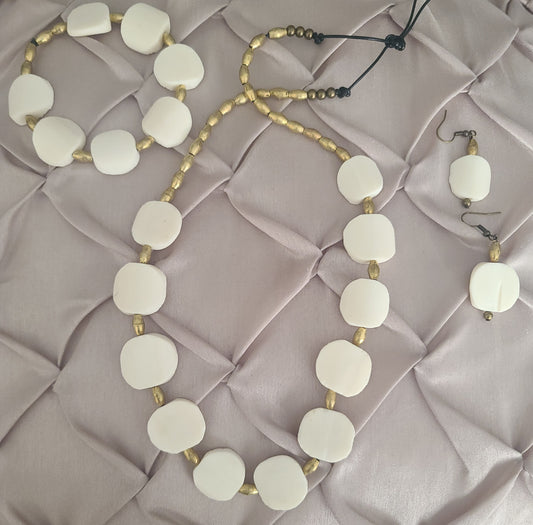 White Circular Bone Bead Necklace with Matching Bracelet and Earrings