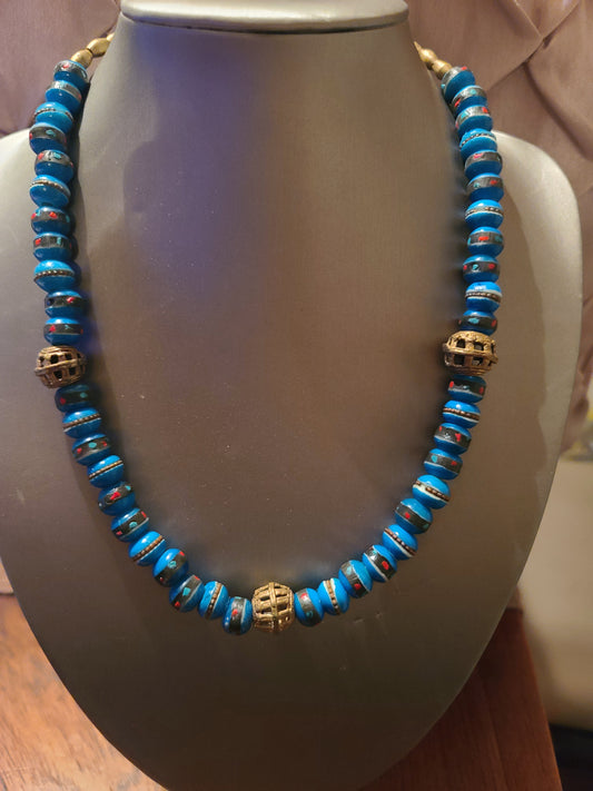 Bone Mala Beaded Necklace with Brass Accents (Turquoise color)
