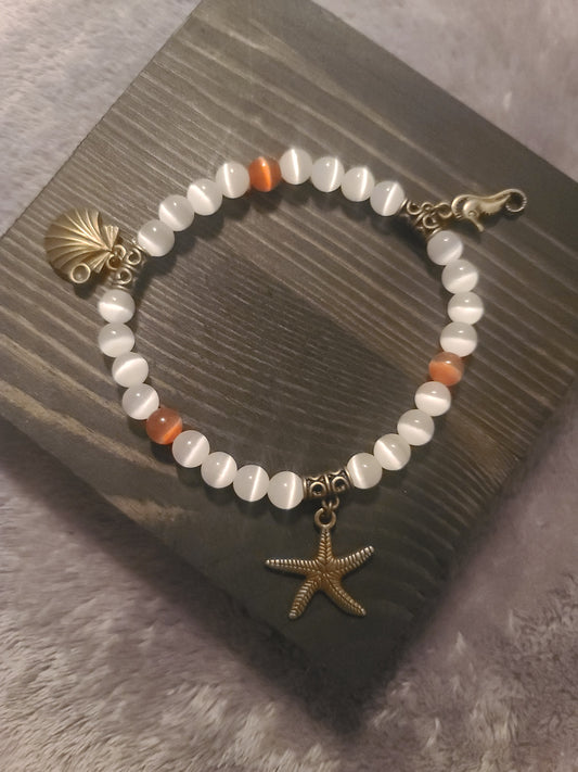 Cat’s Eye Beaded Stretch Bracelet with Brass Charms