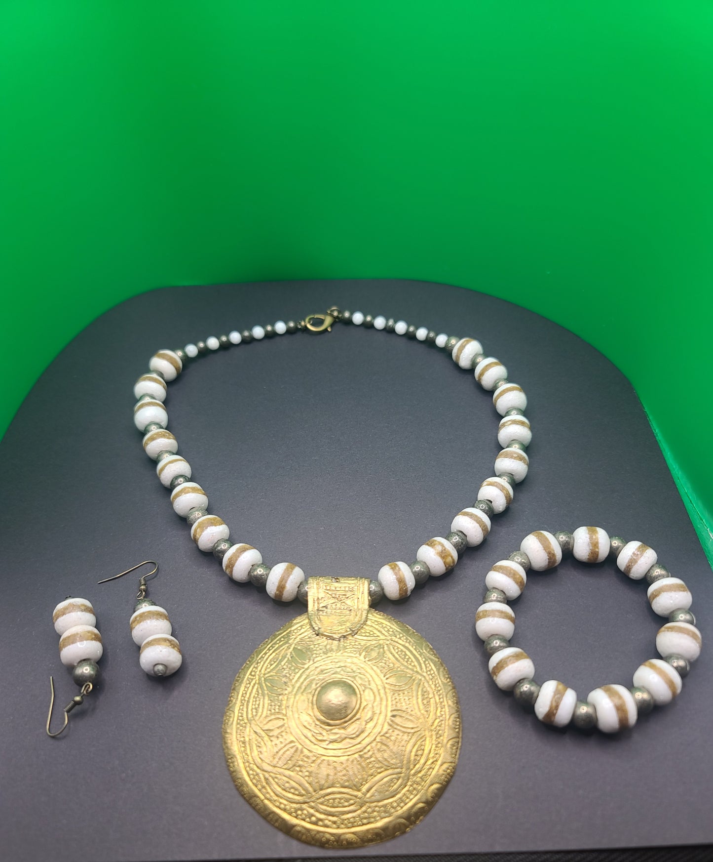 Powdered Glass African Bead Set with Brass Pendant-Matching Stretch Bracelet and Earrings Included