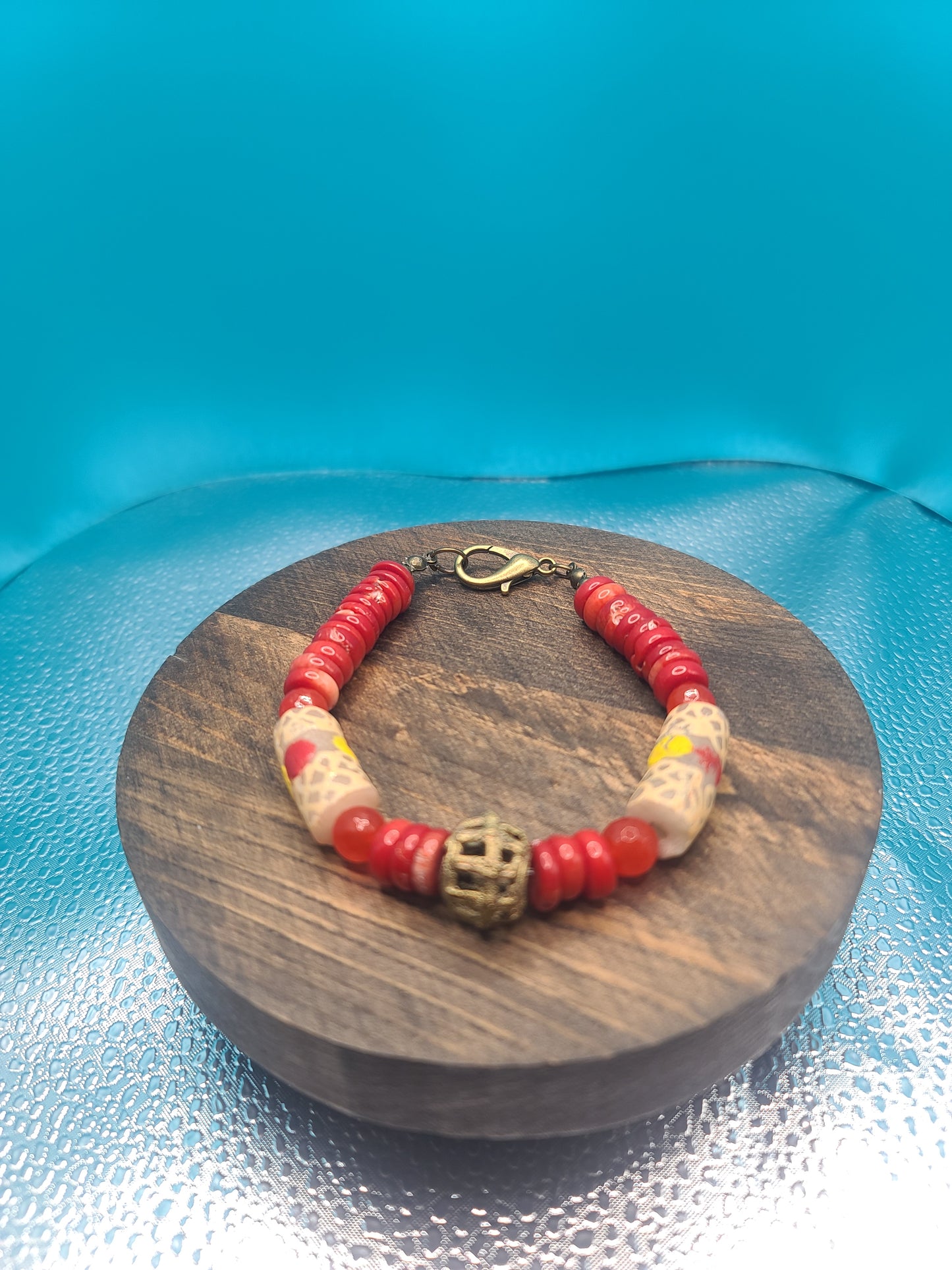 Red and White Krobo Bead and Coral Bracelet with Brass Accent