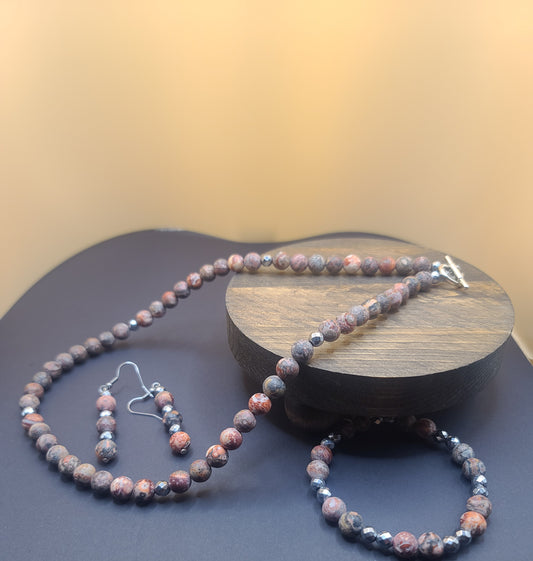 Jasper Beaded Necklace with Matching Earrings and Stretch Bracelet