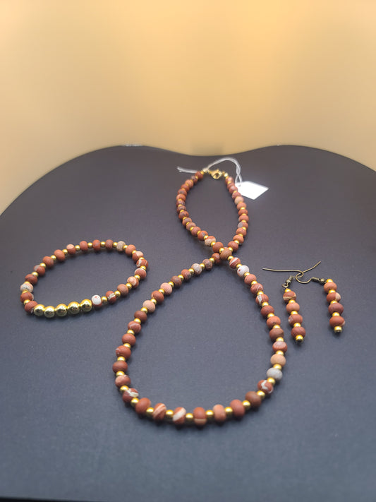 Red River Jasper Rondelle Necklace with Hematite Accents, Matching Earrings and Stretch Bracelet