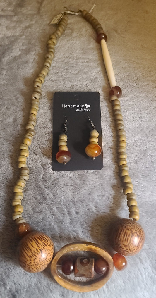 Horn and Mala Beaded Necklace with Agate Accents and Matching Earrings