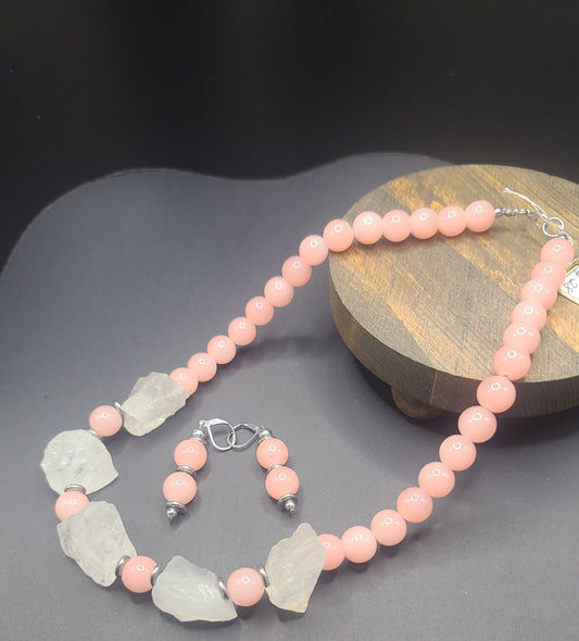 Peach Jade and Clear Quartz Necklace with Matching Earrings