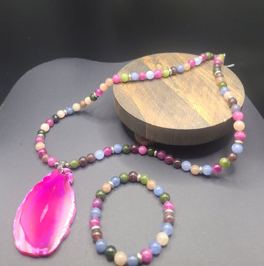 Tourmaline Beaded Necklace with Agate Pendant and Matching Bracelet