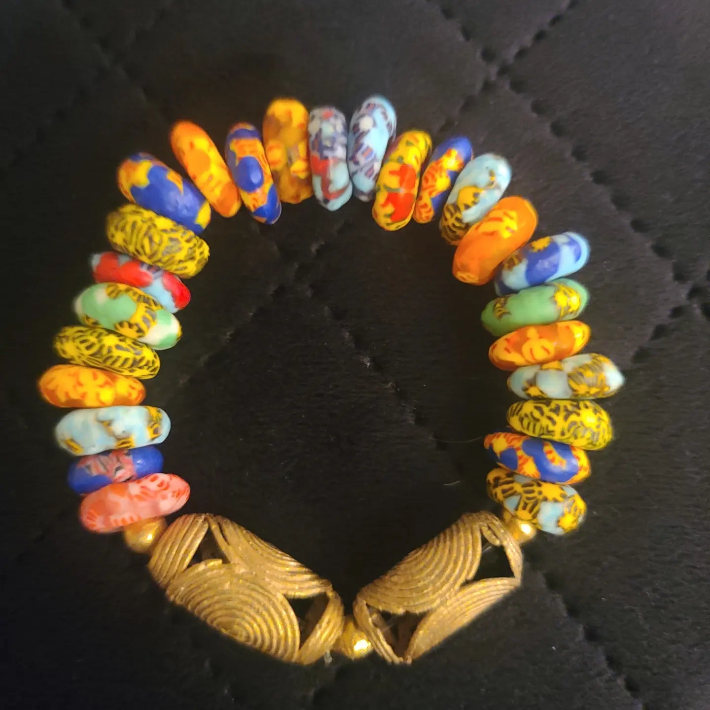 Rondelle Recycled Glass Beaded Stretch Bracelet with Brass Accents (Imported from Ghana)