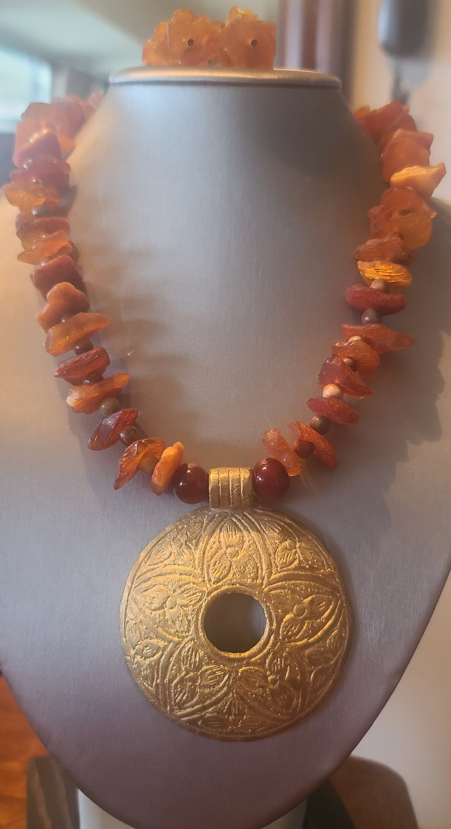 Baltic Amber Necklace with Brass Pendant and matching Earrings