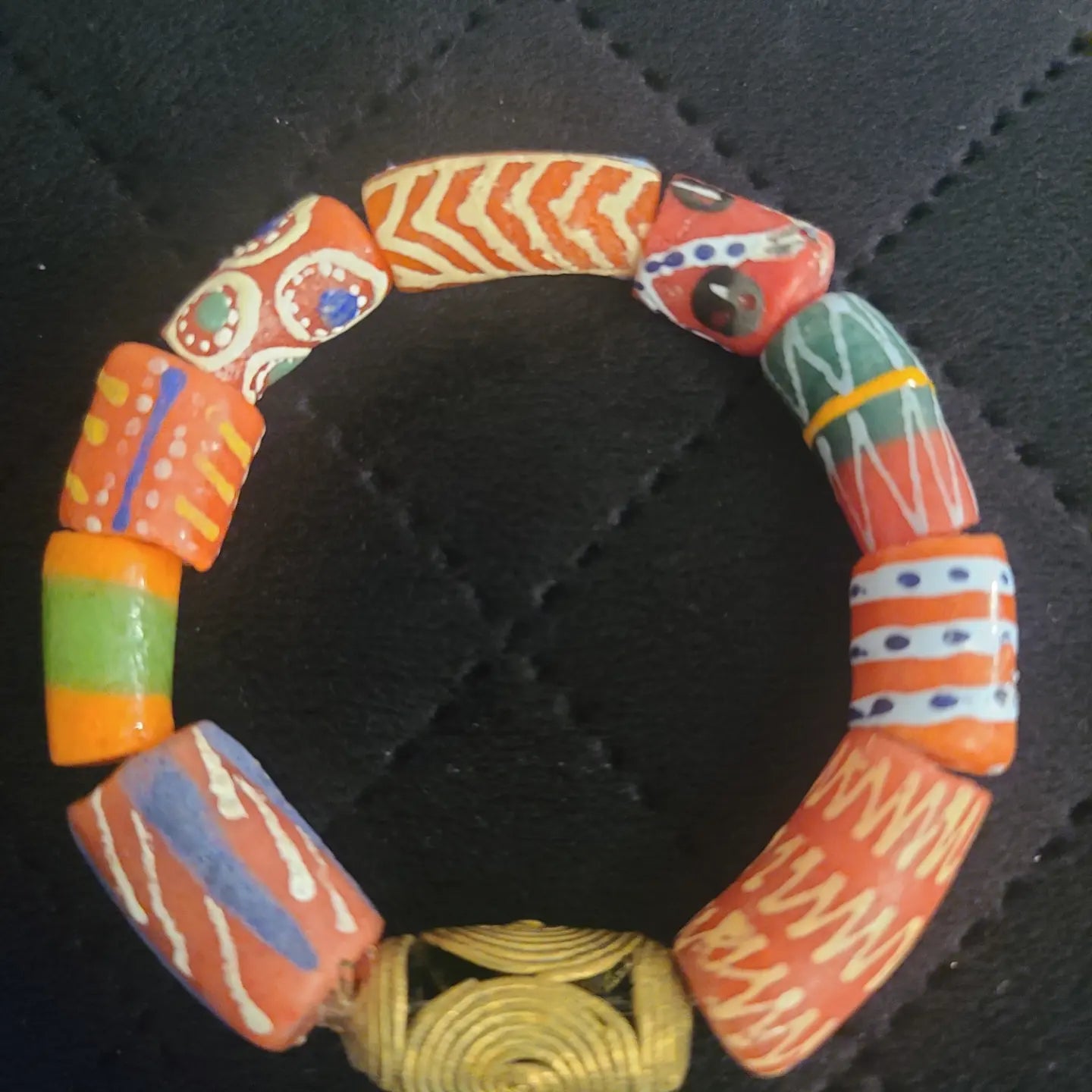 Powder Glass Krobo Beaded Stretch Bracelet with Brass Accent Piece (Imported from Ghana)