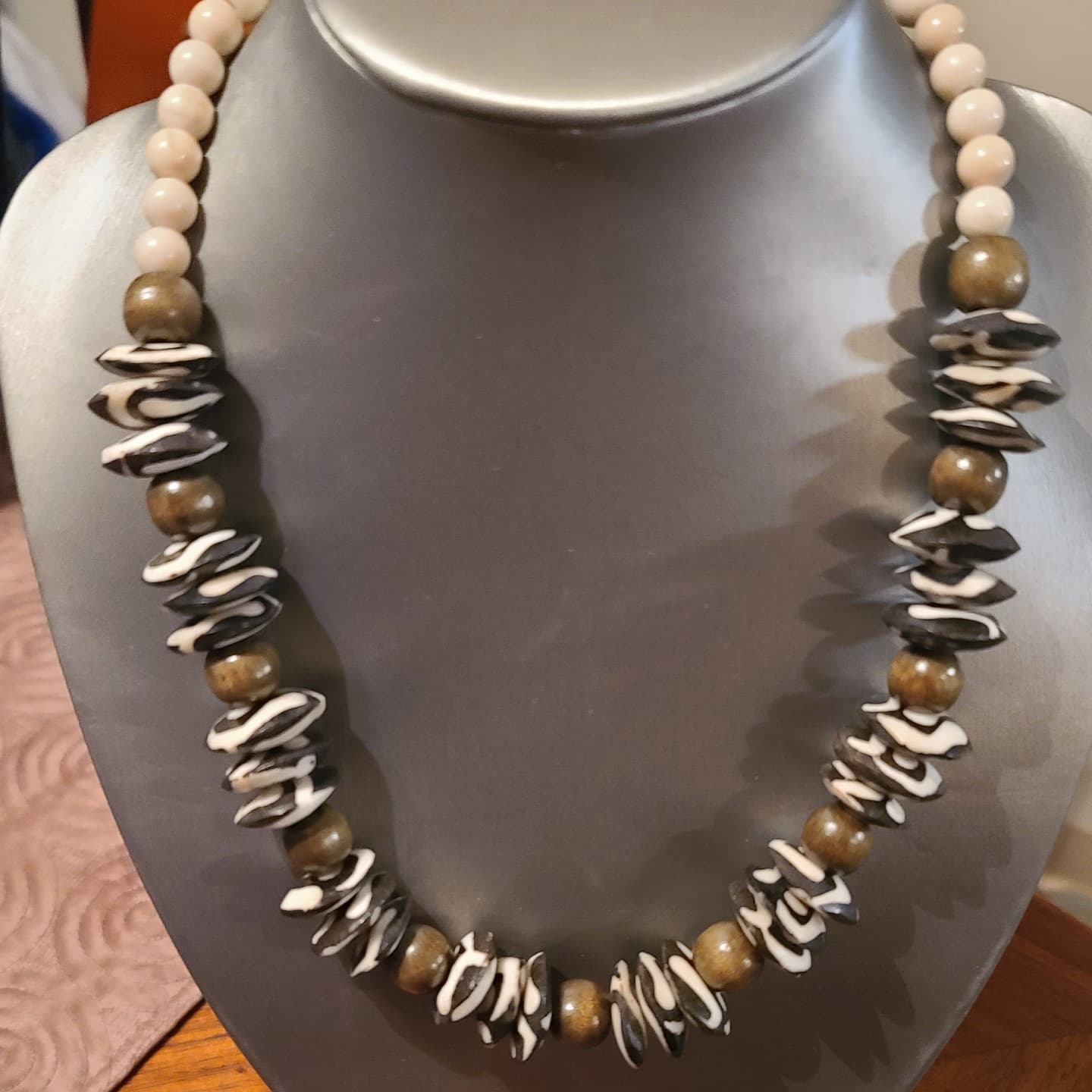 Batik Bone Saucer and Wood Beads Necklace