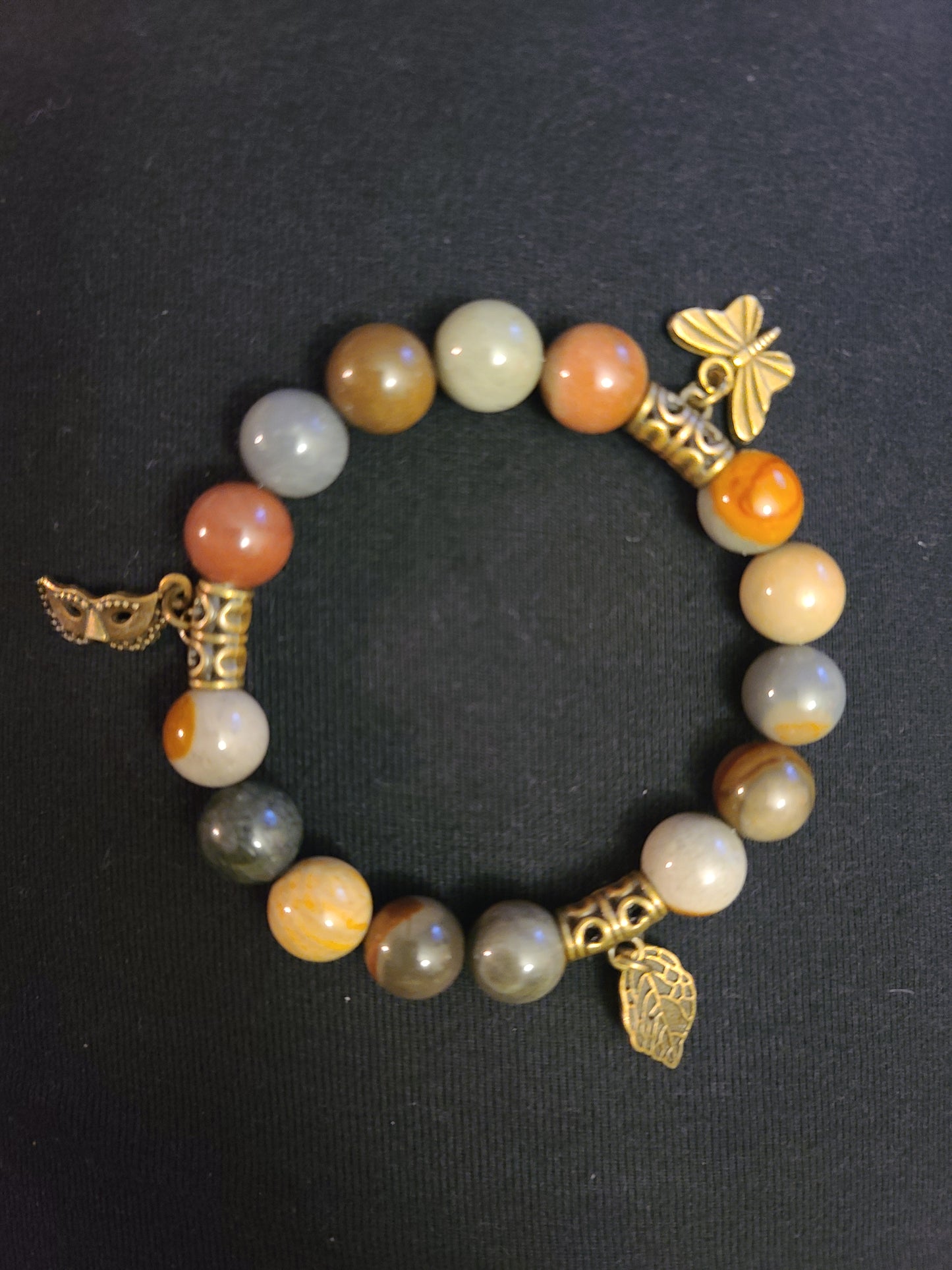 Jasper Beaded Stretch Bracelet with Brass Charms