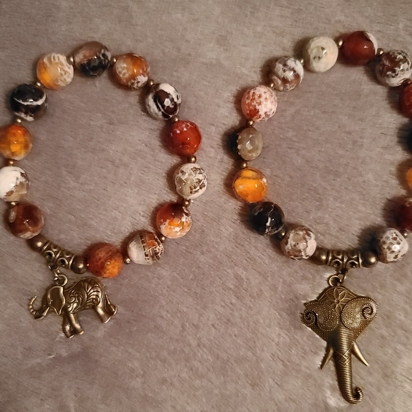 Agate Large-Bead Stretch Bracelet with Brass Elephant Charm