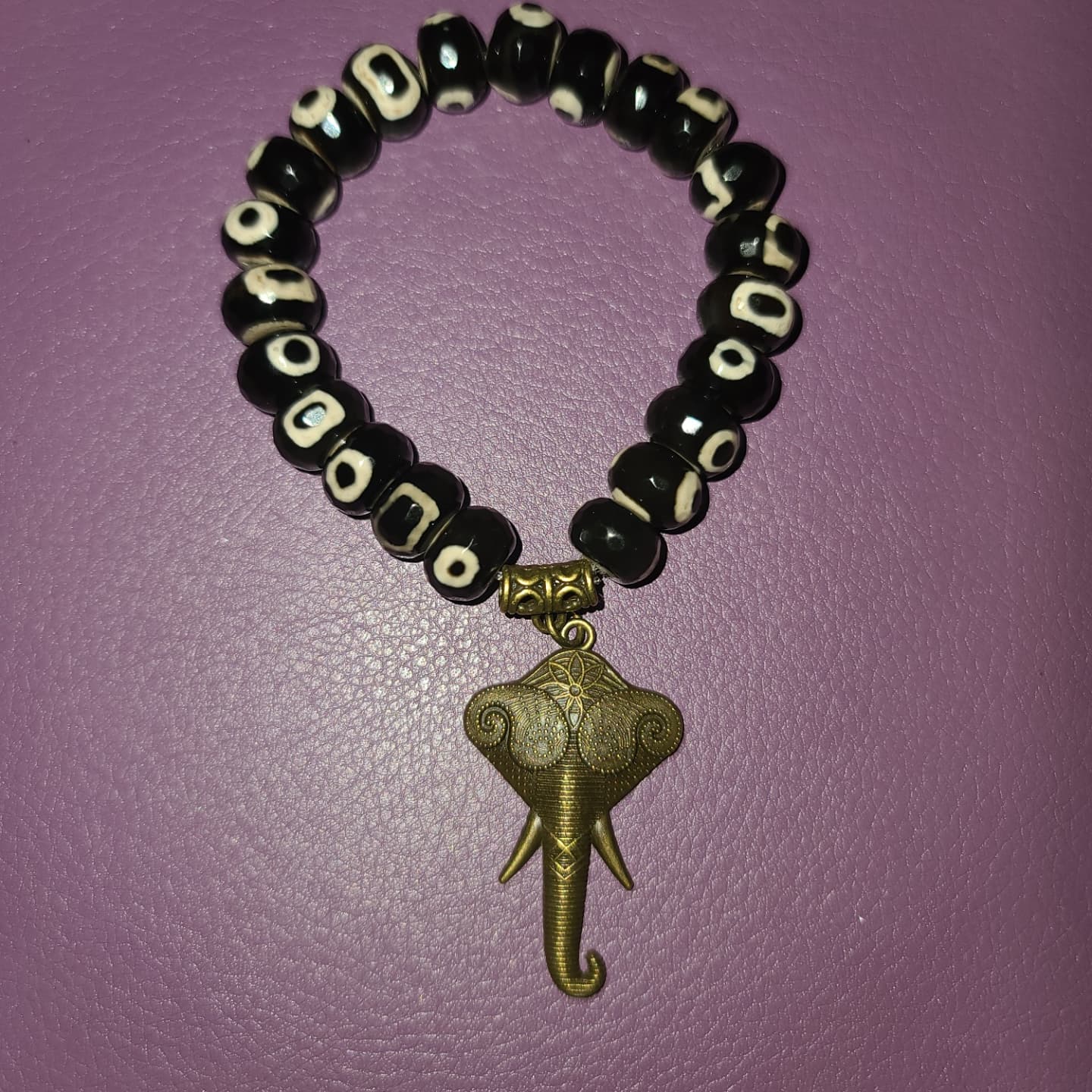 Black and White Agate Stretch Bracelet with Brass Elephant Charm