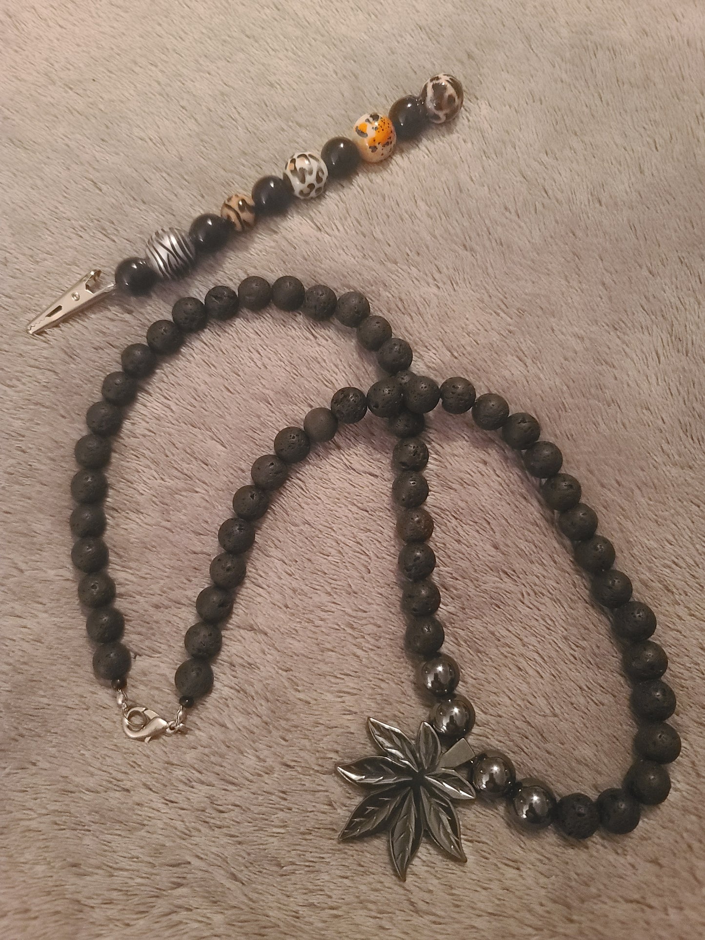 Lava Stone/Hematite Necklace with Hemp Leaf and Beaded Clip