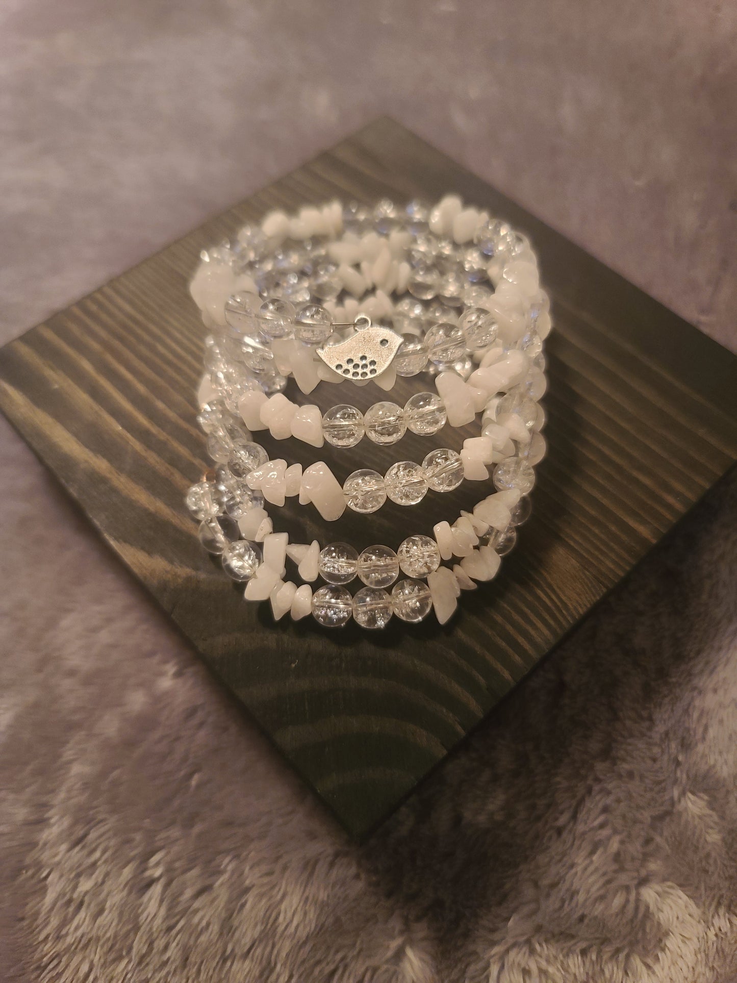 Clear Quartz/White Jade Chip Bead Wrap Bracelet with Dove Charm