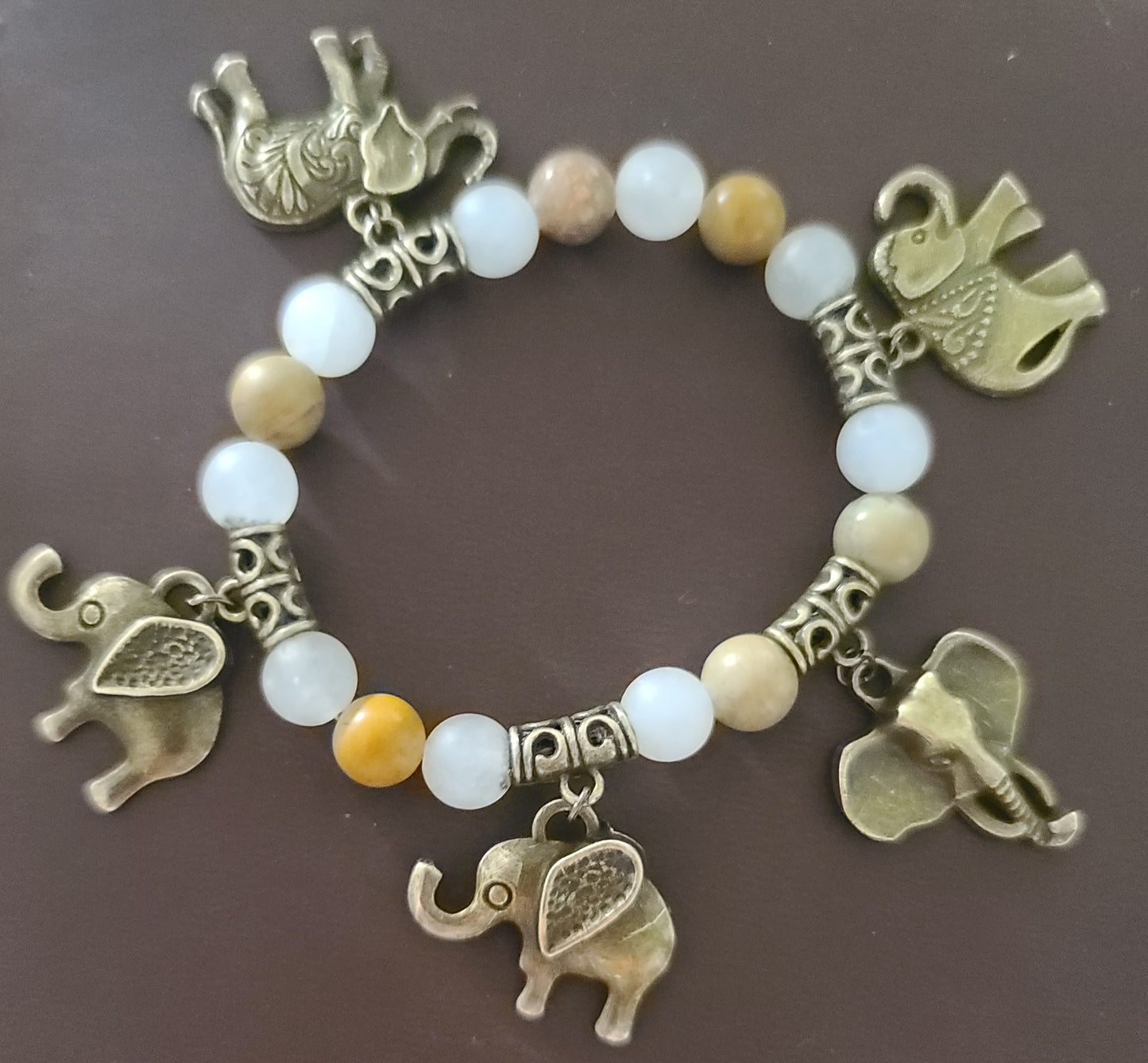 Jasper and Jade Stretch Bracelet with Brass Elephants