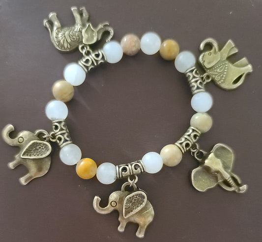 Jasper and Jade Stretch Bracelet with Brass Elephants