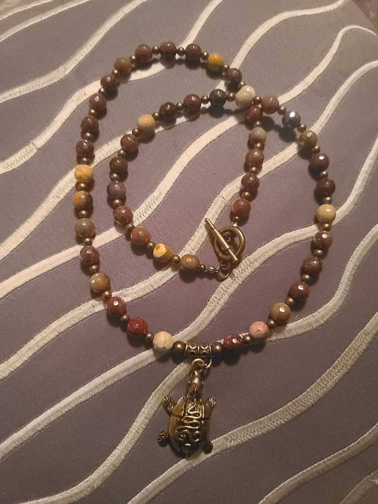 Plated Agate Beaded Necklace with Brass Turtle