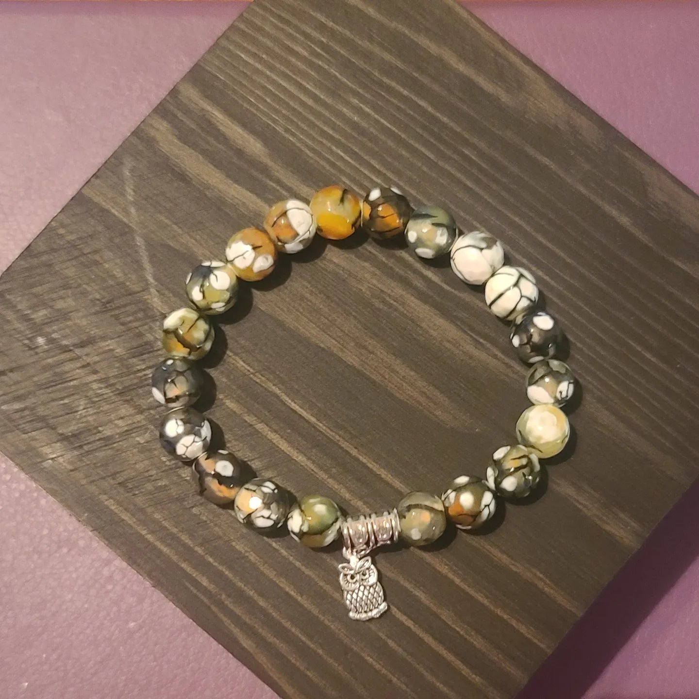 Dragon Vein Agate Gemstone Stretch Bracelet with Owl Charm