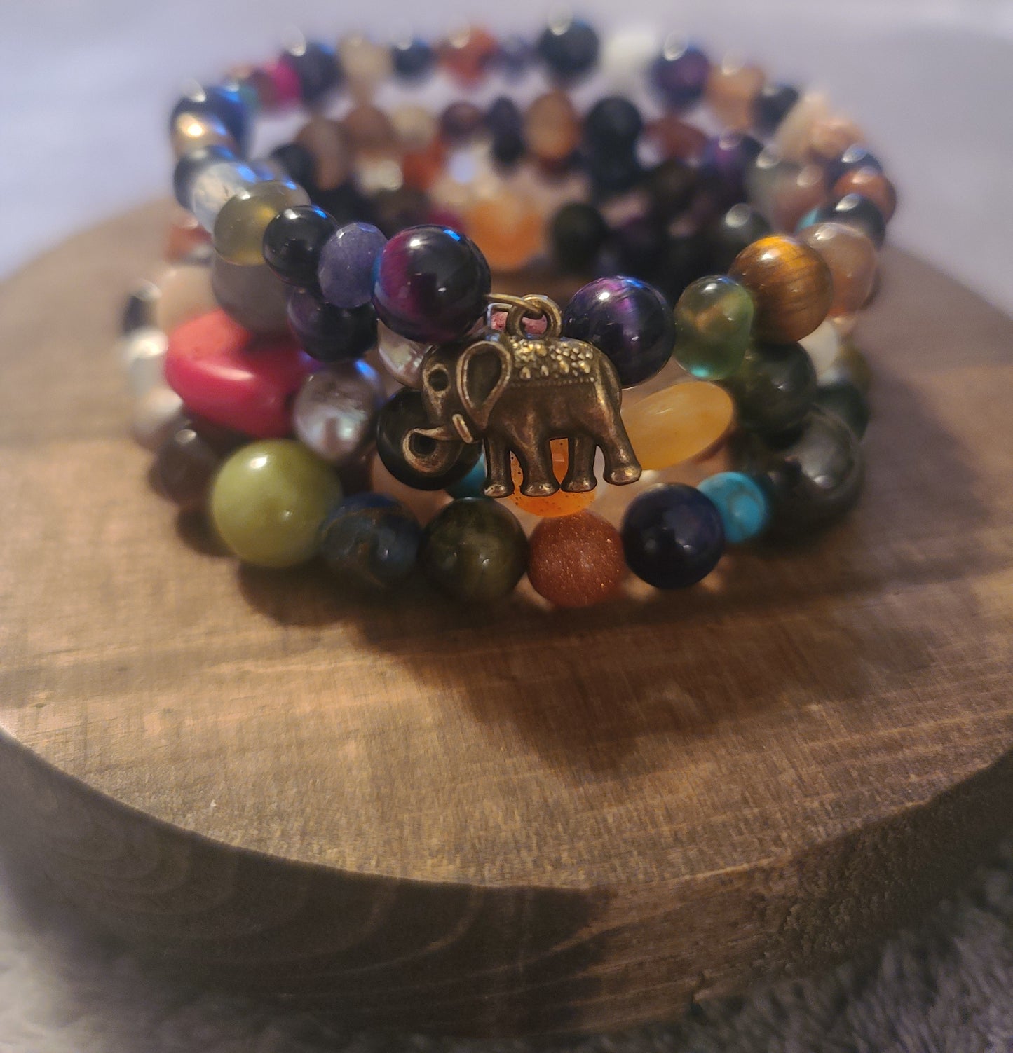 Multi-Gemstone Wrap Bracelet with Brass Elephant