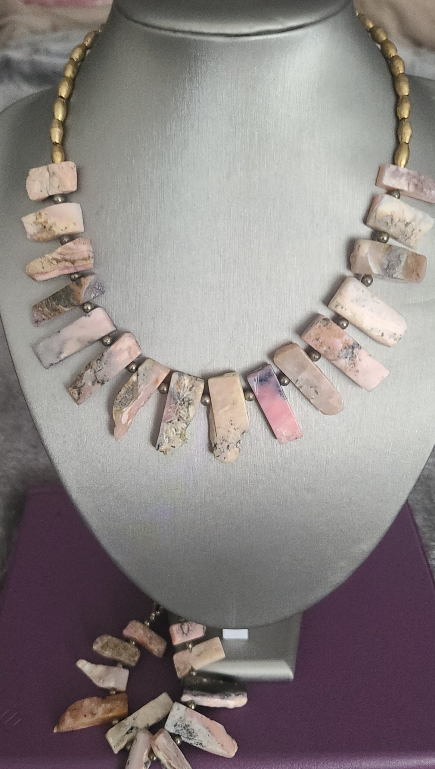 Pink Opal and Brass Necklace with Matching Stretch Bracelet