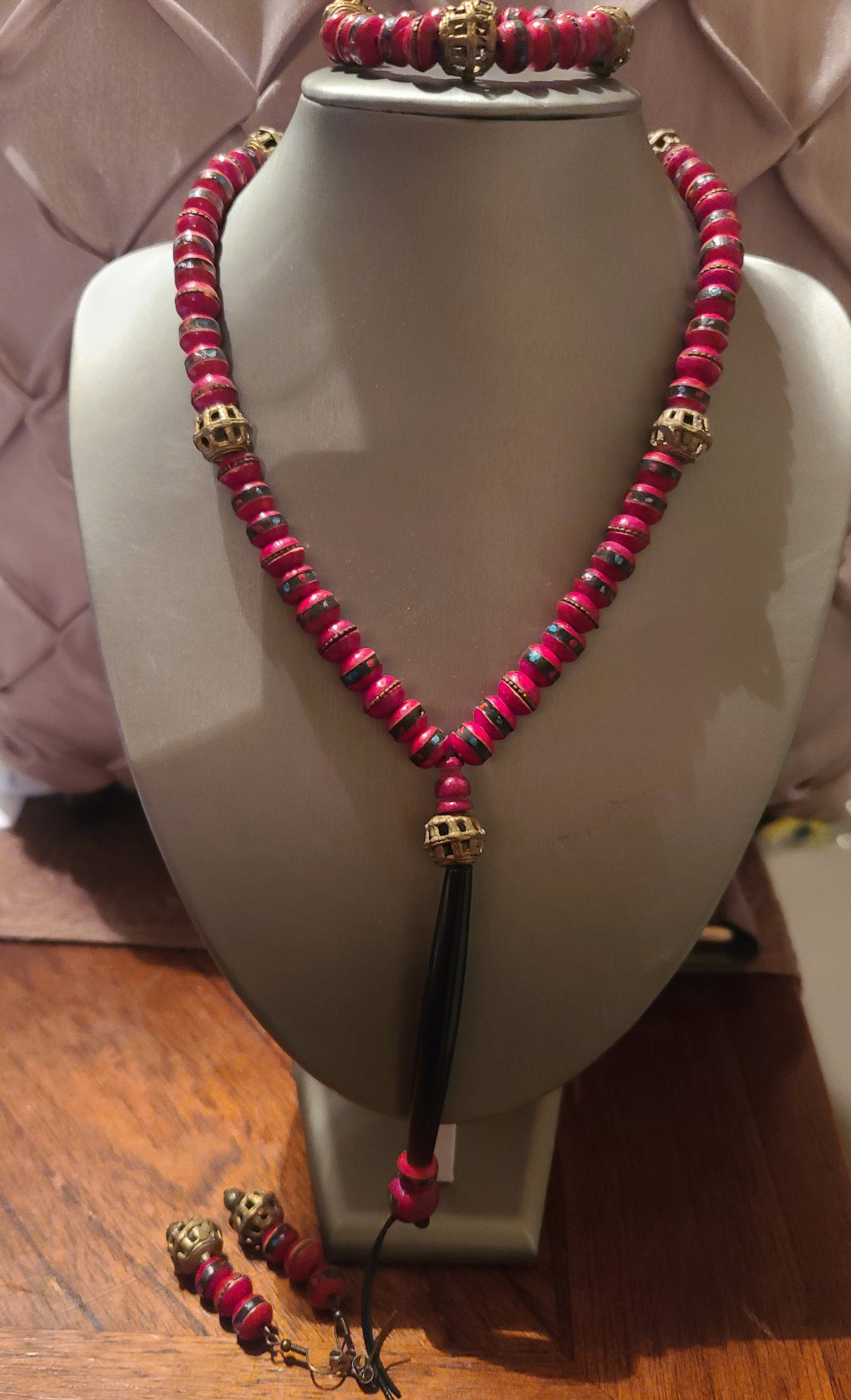 Bone Mala Beaded Necklace with Bracelet and Earrings (Red with Brass Accents)