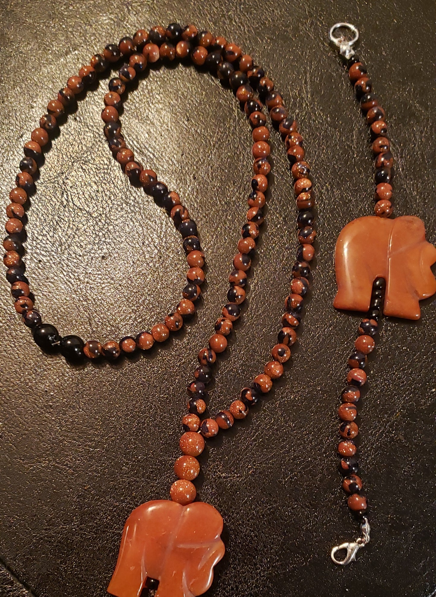 Jasper and Sandstone Necklace and Bracelet with Onyx Accents and Elephant Pendants