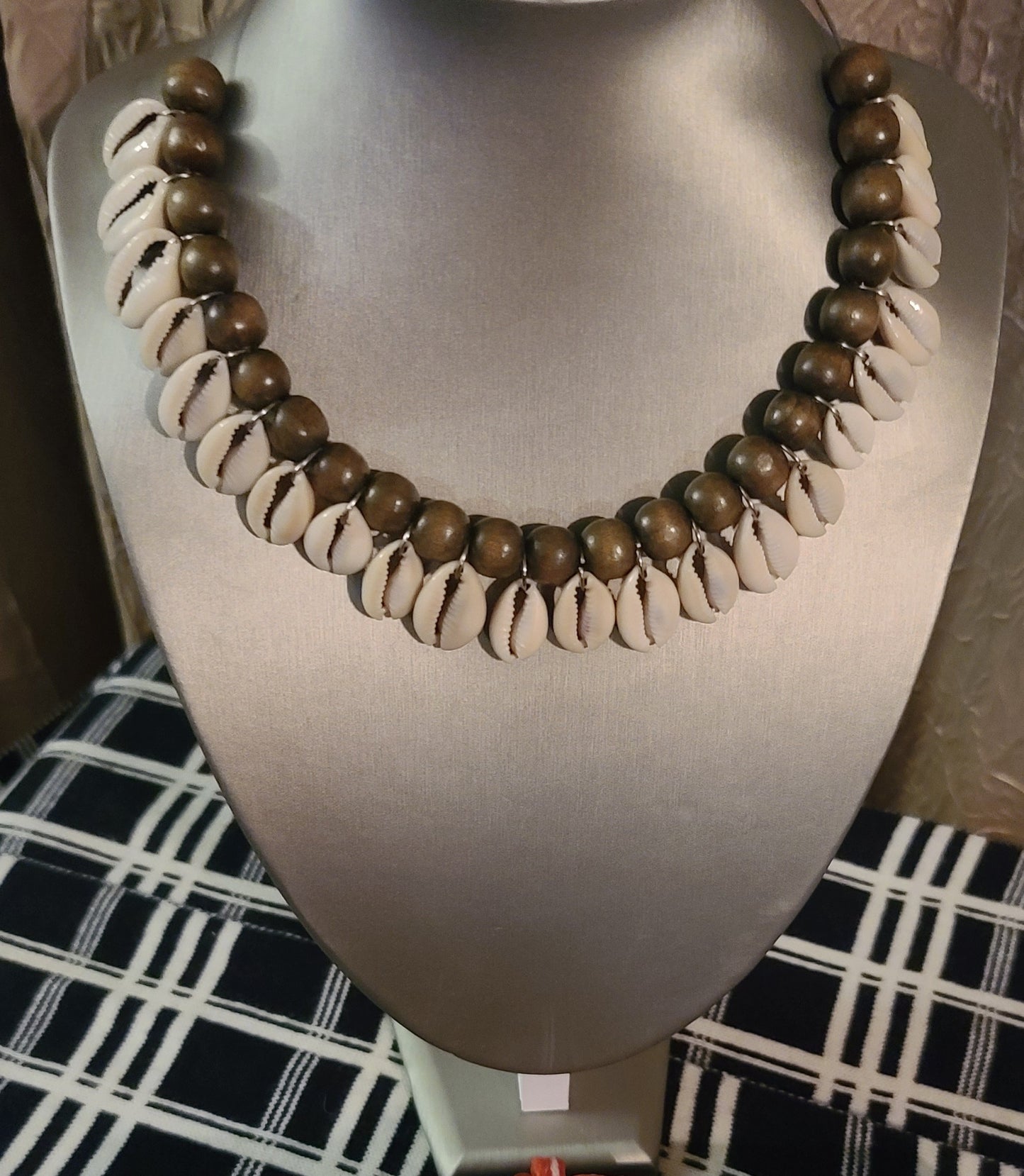 Cowrie Shell/Brown Wood Bead Choker