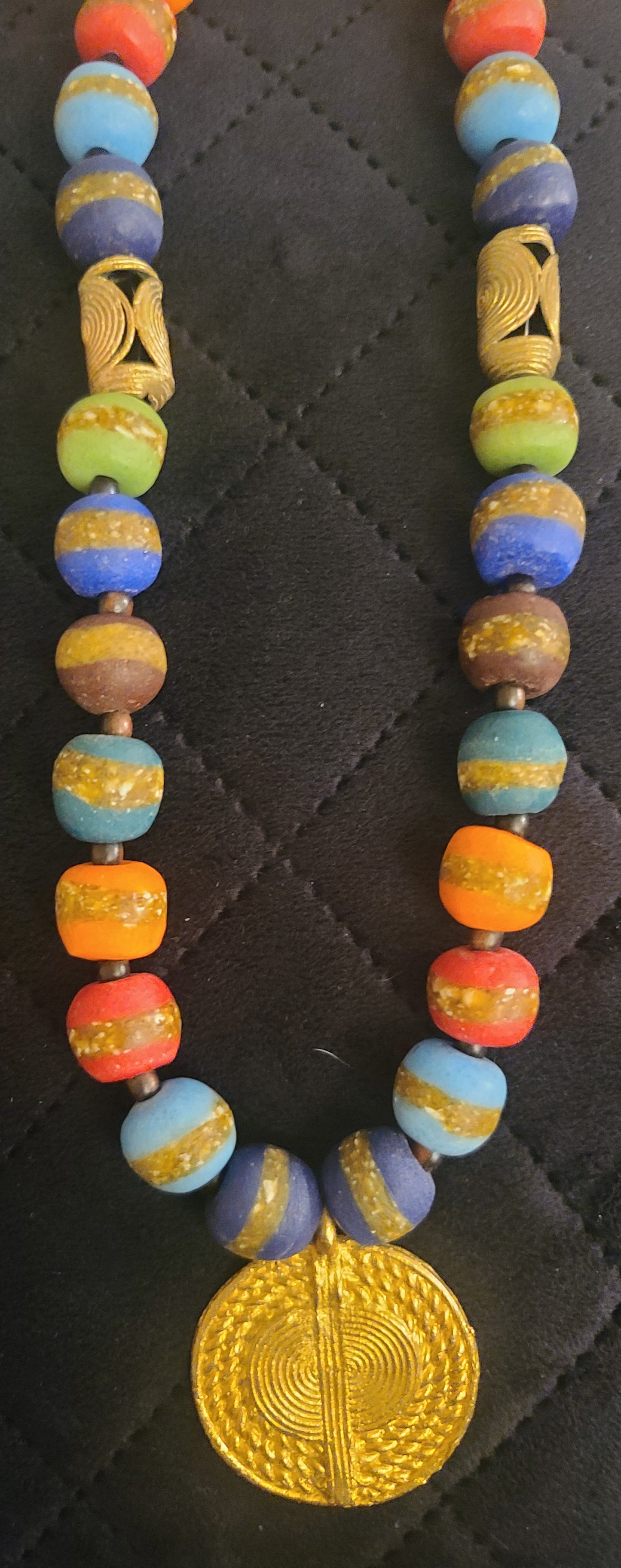 Powdered Glass Krobo Beaded Necklace with Brass Accents and Round Pendant (Beads imported from Ghana)