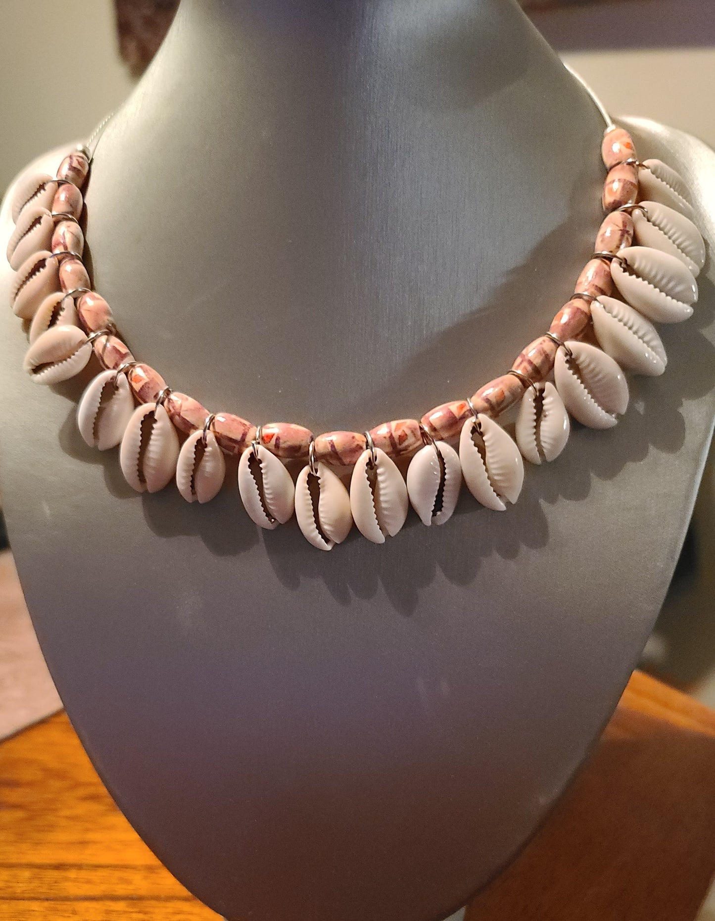 Cowrie and Light Wood Bead Choker