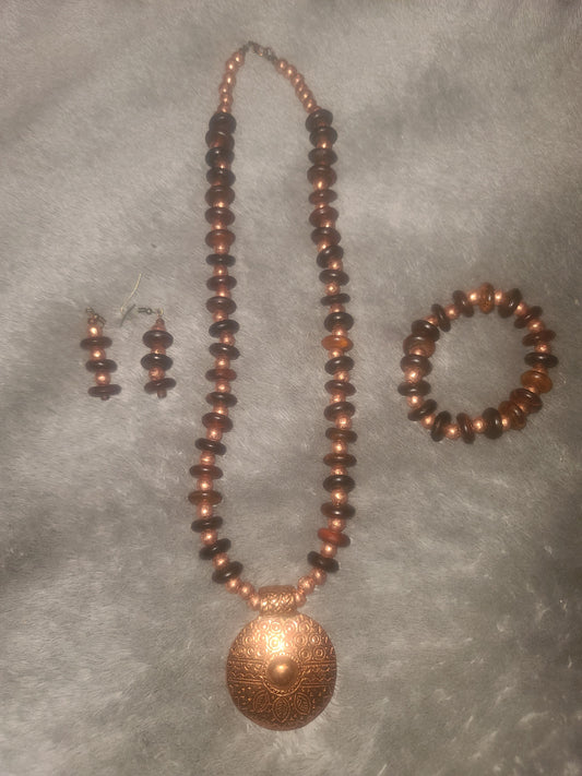 I Am ENOUGH -Horn and Copper Beaded Necklace with Matching Bracelet and Earrings\