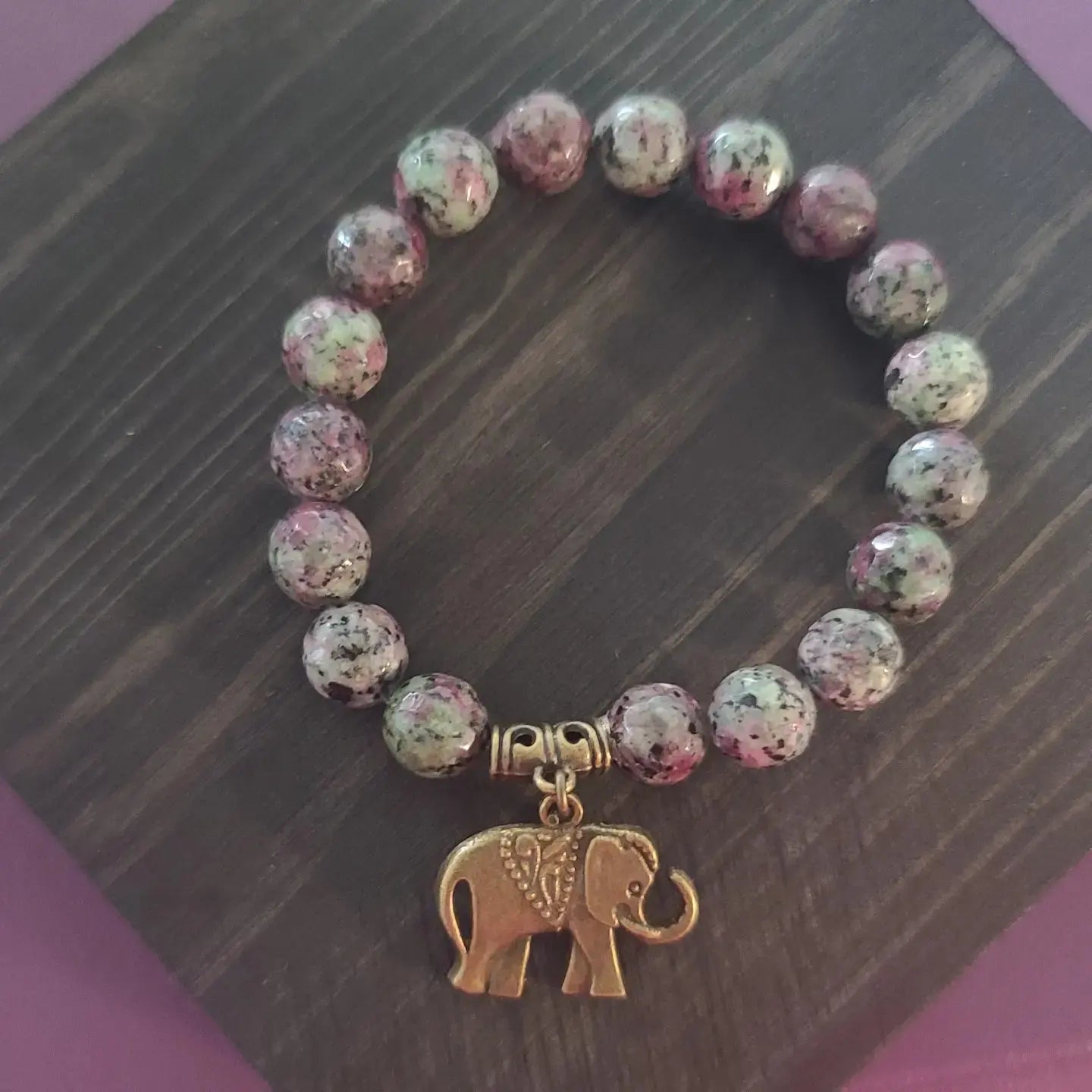 Spotted Jasper Gemstone Stretch Bracelet with Elephant Charm