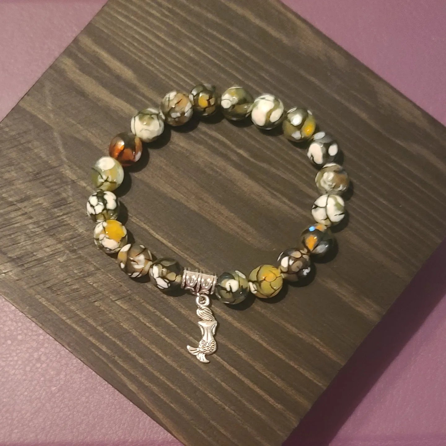 Dragon Vein Agate Gemstone Stretch Bracelet with Mermaid Charm